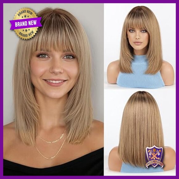 14 Inch Straight Layered Human Hair Wig with Bangs Lightweight